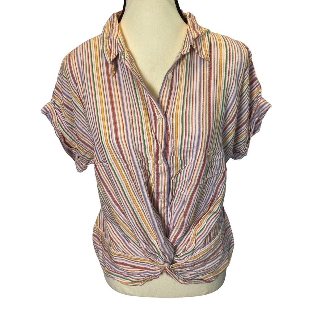 Lou & Grey Button Down Shirt Women‎ Medium Multicolor Striped Twist Front Preppy